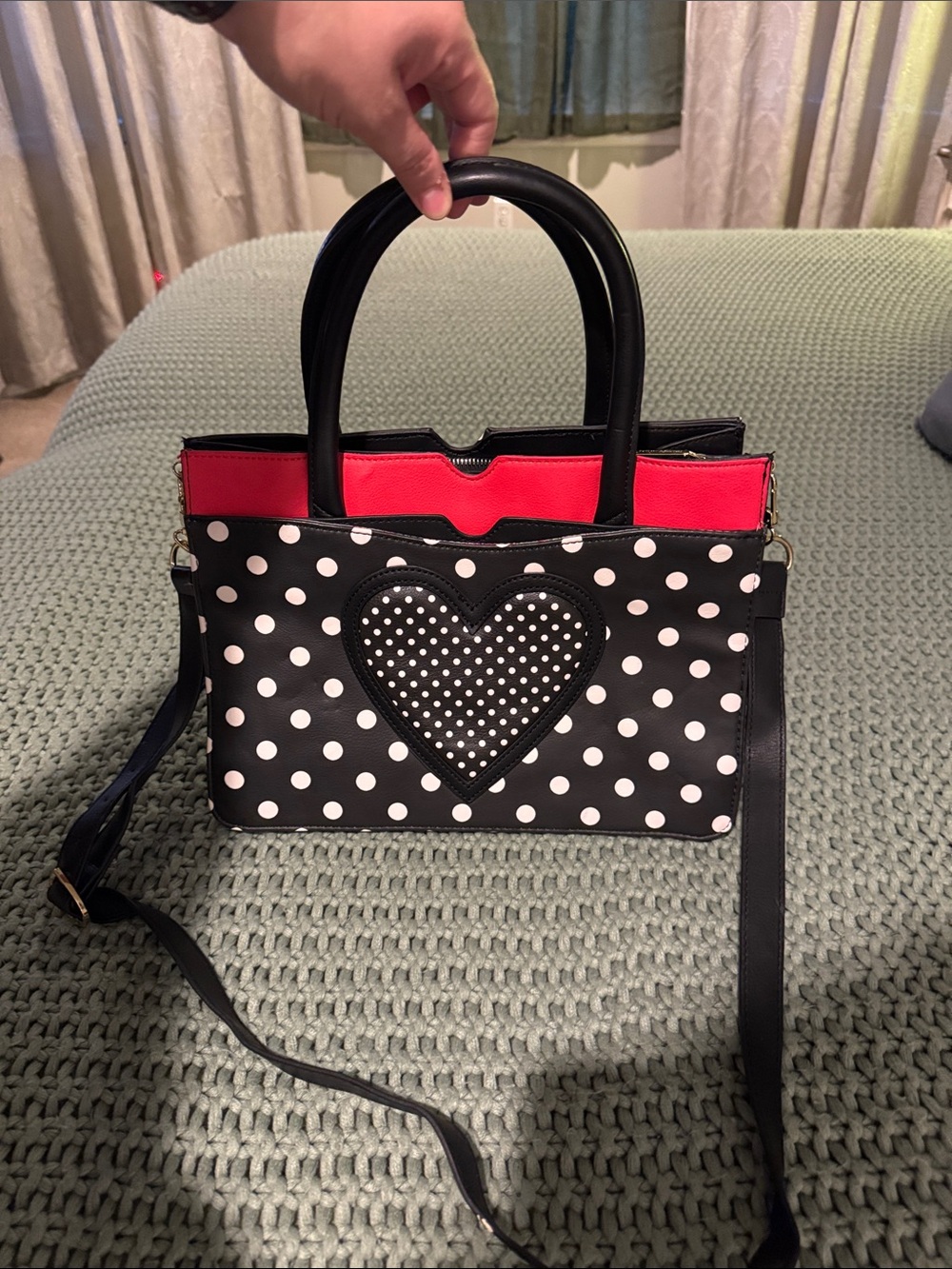 Betsey Johnson Black & White Polka Dot Satchel with Red Trim